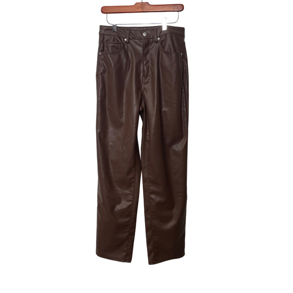 H&M Womens Brown Faux Leather Straight Pants Size 6 High-Waist Stylish Casual