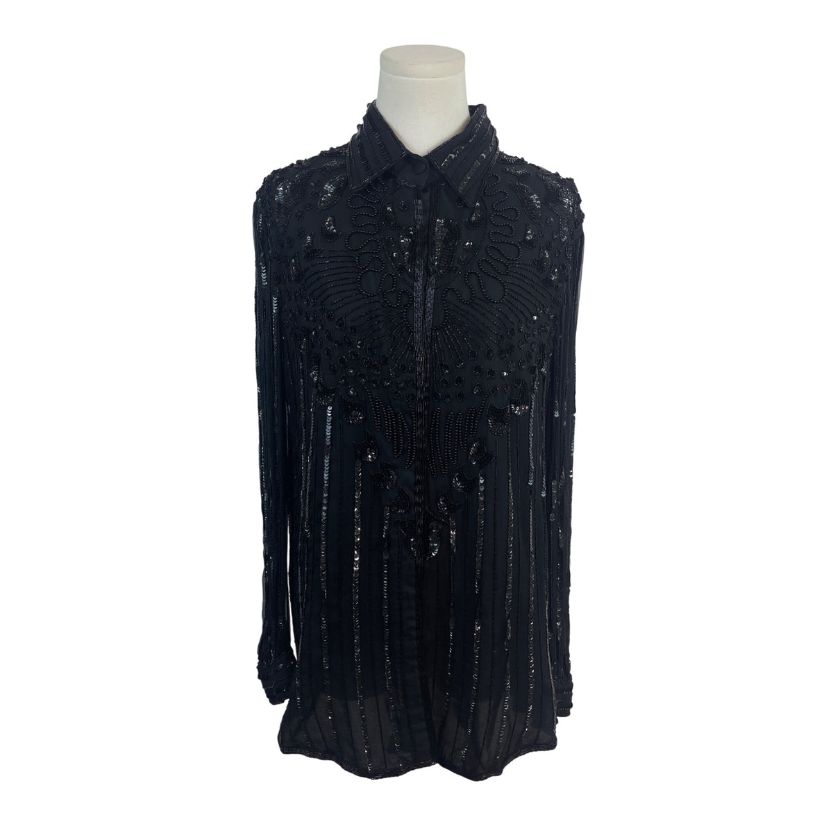 Vintage Black Beaded Sheer Button-Up Blouse With Sequin & Embellished Details