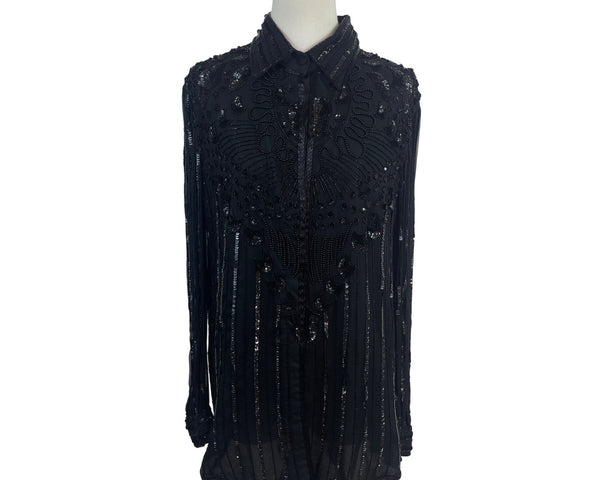 Vintage Black Beaded Sheer Button-Up Blouse With Sequin & Embellished Details