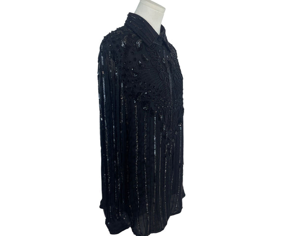Vintage Black Beaded Sheer Button-Up Blouse With Sequin & Embellished Details