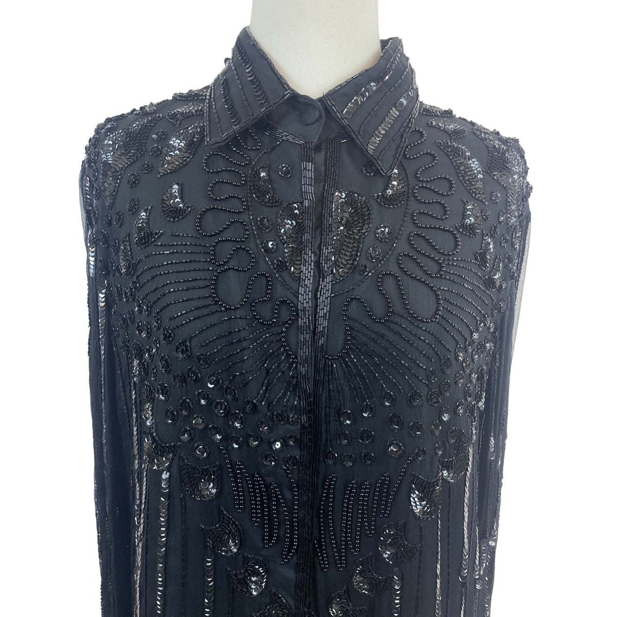 Vintage Black Beaded Sheer Button-Up Blouse With Sequin & Embellished Details