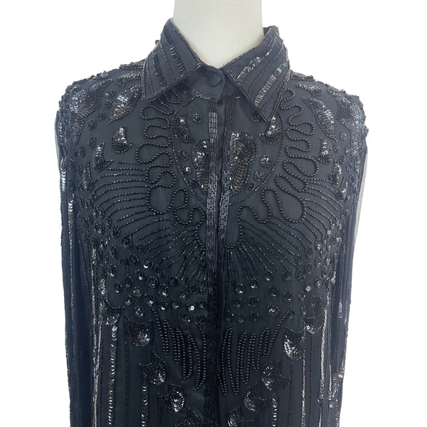 Vintage Black Beaded Sheer Button-Up Blouse With Sequin & Embellished Details