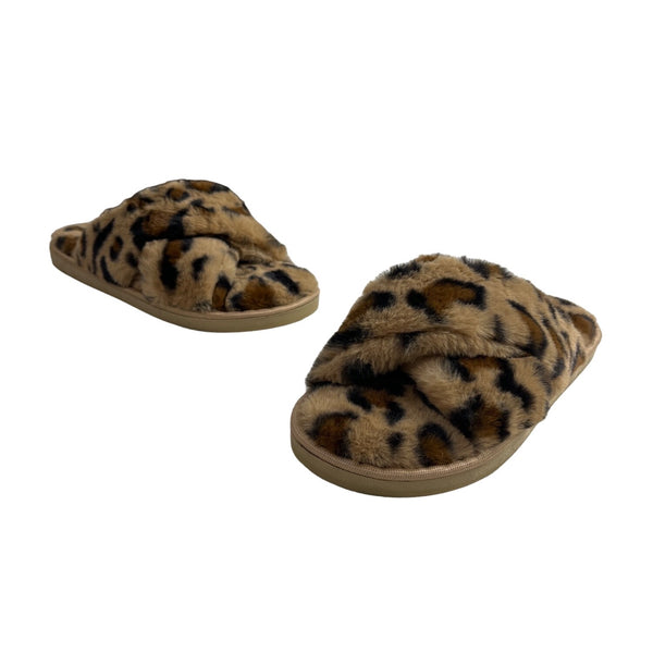 Jessica Simpson Women's Brown Leopard Cross Band Soft Plush Slipper Slides Sz L - NWOB