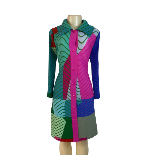 Colorful Long Sleeve Button-Up Dress Collared Neckline and Abstract Print Sz M/L