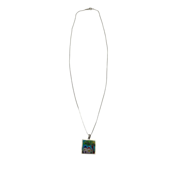 Handmade Womens Silver Enamel Artistic Pendant Necklace With House & Tree Design