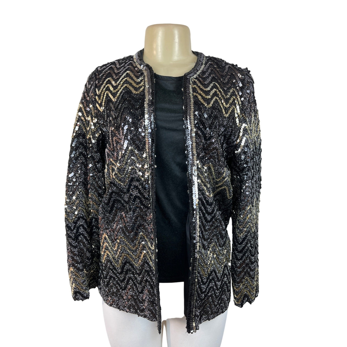 Vintage Montgomery Ward Sequin Chevron Pattern Jacket Black & Gold Zigzag Design Sz L/XL
