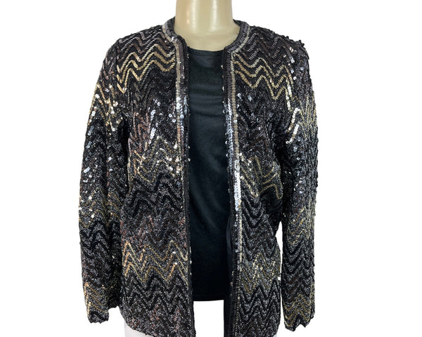 Vintage Montgomery Ward Sequin Chevron Pattern Jacket Black & Gold Zigzag Design Sz L/XL