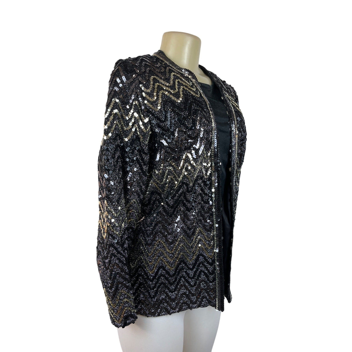 Vintage Montgomery Ward Sequin Chevron Pattern Jacket Black & Gold Zigzag Design Sz L/XL