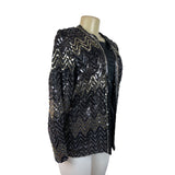 Vintage Montgomery Ward Sequin Chevron Pattern Jacket Black & Gold Zigzag Design Sz L/XL