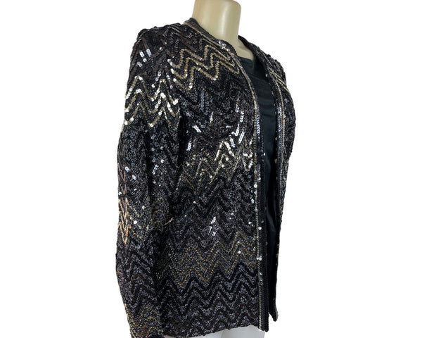 Vintage Montgomery Ward Sequin Chevron Pattern Jacket Black & Gold Zigzag Design Sz L/XL