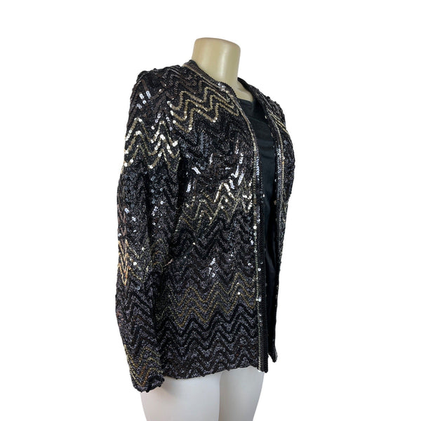 Vintage Montgomery Ward Sequin Chevron Pattern Jacket Black & Gold Zigzag Design Sz L/XL