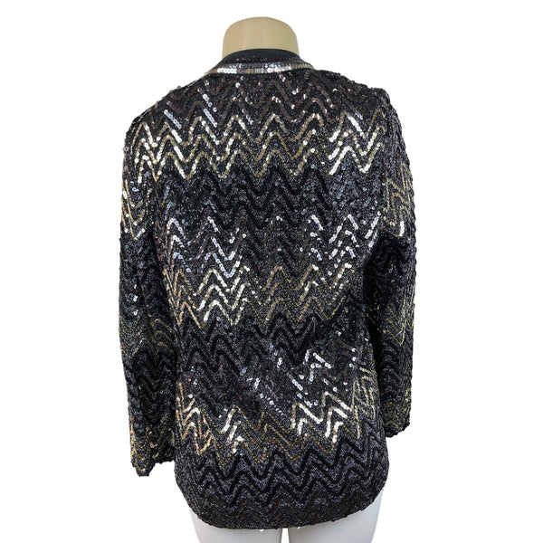 Vintage Montgomery Ward Sequin Chevron Pattern Jacket Black & Gold Zigzag Design Sz L/XL