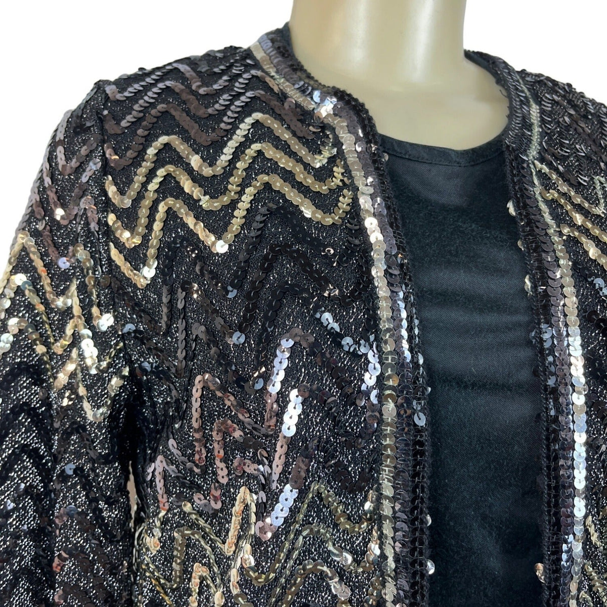 Vintage Montgomery Ward Sequin Chevron Pattern Jacket Black & Gold Zigzag Design Sz L/XL