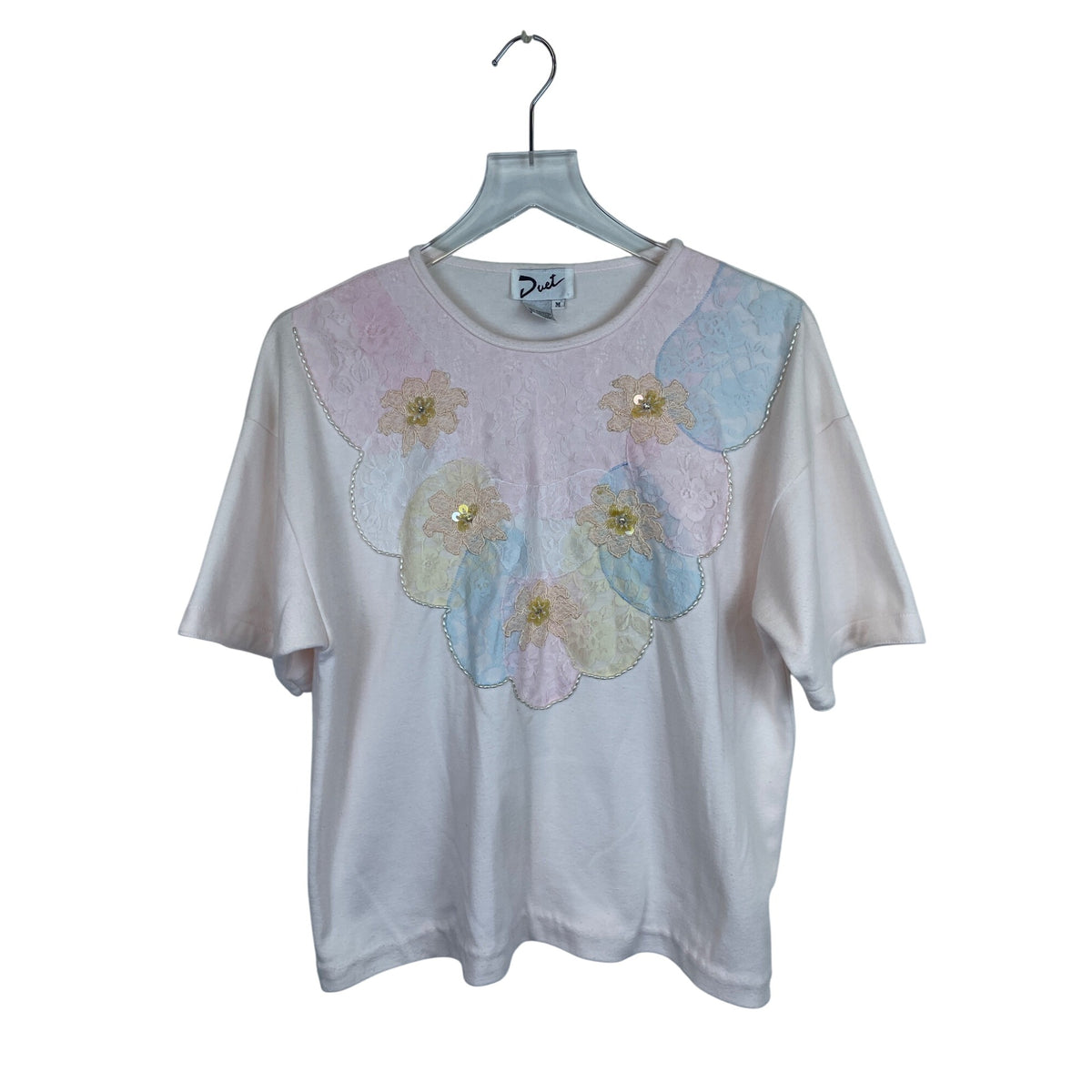 Vintage Duet Womens Pink Embroidered Floral Lace Short Sleeve Blouse Medium