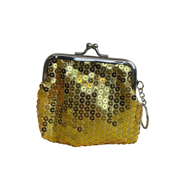Gold Sequin Women’s Keychain Clasp Coin Purse Metallic Small Glitter Accent Shiny Design