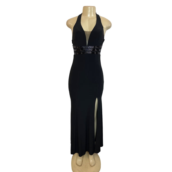 B. Darlin Elegant Black Halter Maxi Dress With Beaded Waist & Mesh Detail Sz 0