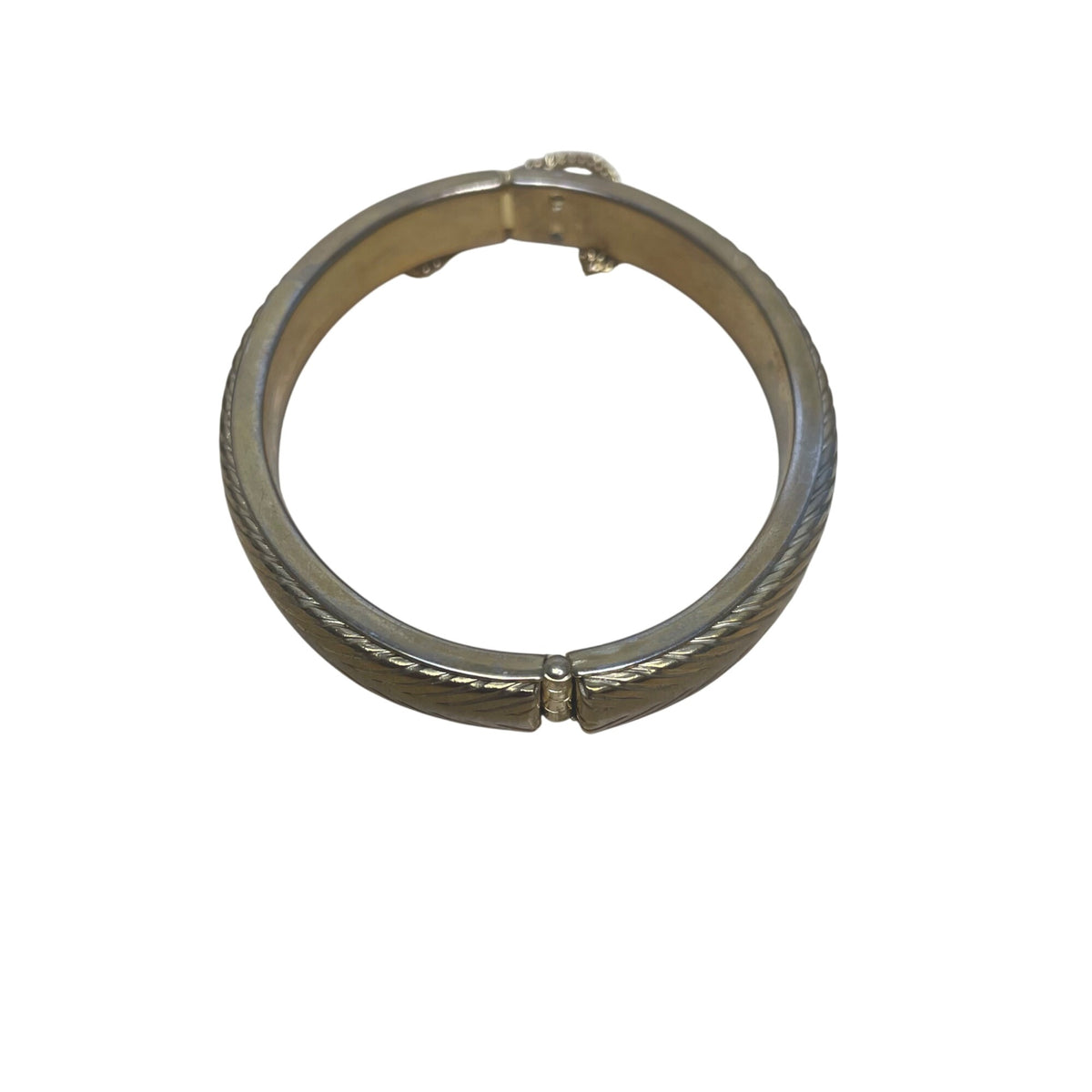 Vintage Gold-Tone Hinged Bangle Bracelet With Safety Chain Textured Design Elegant Style