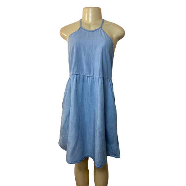 Mango Denim Women's Blue Frill Denim Style Sun Dress Sz XS