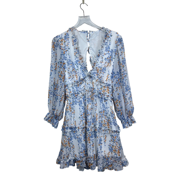 Floral Womens White Blue Orange Ruffle Tiered Long Sleeve V-Neck Dress Size M