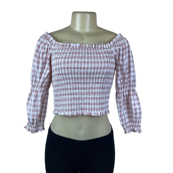 Mi Ami Women Pink Plaid Off-Shoulder Smocked Crop Top Sz M