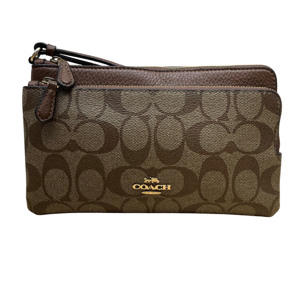 Coach Women’s Brown Signature Coated Canvas Double Zip Wristlet Clutch Size S