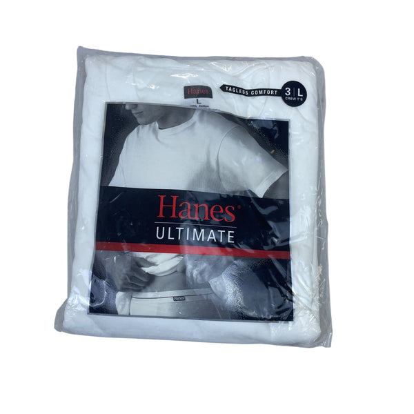 Hanes Mens White Cotton Tagless Crewneck T-Shirts 3-Pack Size Large Ultimate Fit
