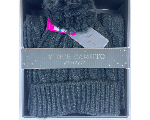Vince Camuto Women’s Black Knit Hat & Scarf Set With Pom Detail One Size Gift Ready