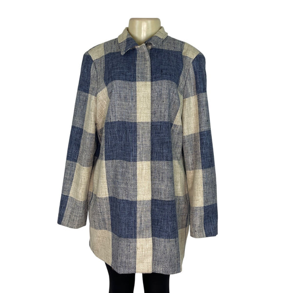 J.McLaughlin Womens Blue & Cream Plaid Linen Blend Button-down Jacket Size XL
