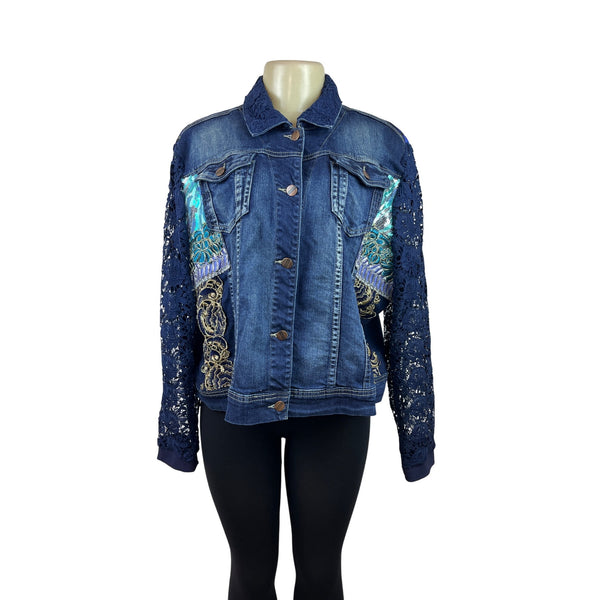 Berek Womens Medium Denim Jacket With Lace Sleeves Size 1X