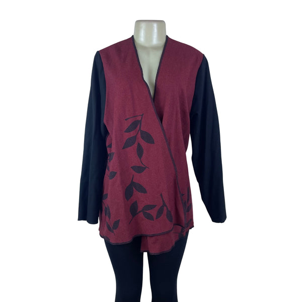 Ahni Women's Red & Black Wool Blend Wrap Jacket With Botanical Print Size 2