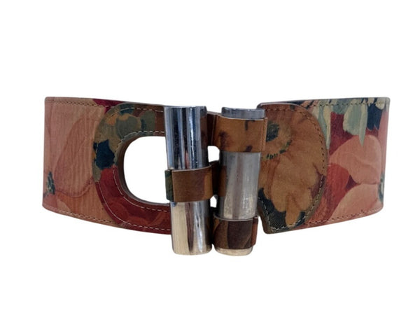 Vintage Casa Lopez Floral Leather Belt With Silver Metal Clasp