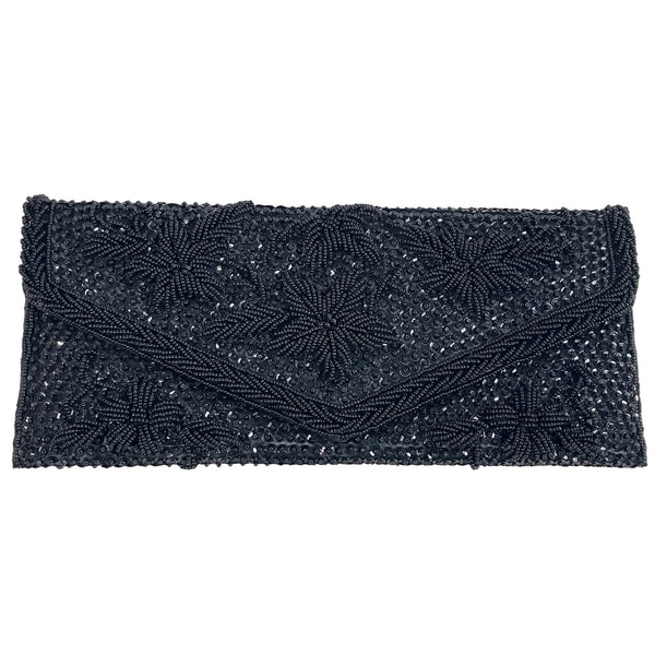 Handmade Women’s Black Beaded Flower Pattern Evening Clutch Bag Sz S