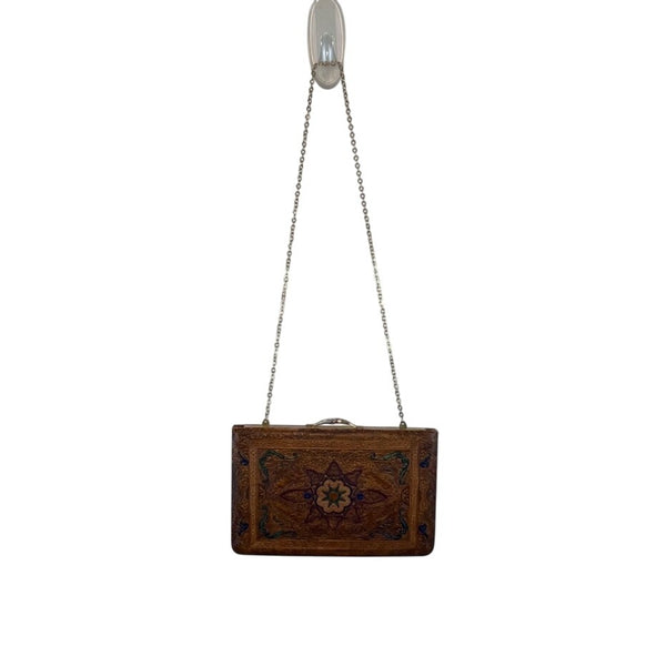 Vintage 70s Brown Embossed Ornate Floral Design With Gold Chain Leather Clutch