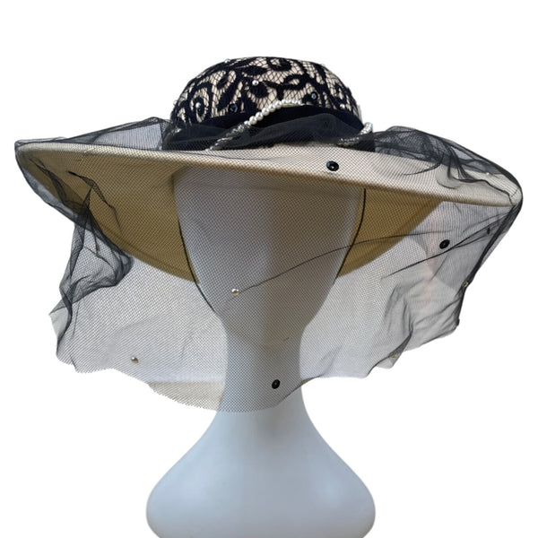 Whittall & Shon Vintage Black Lace & Pearls Wide Brim Hat Netting Floral Accent