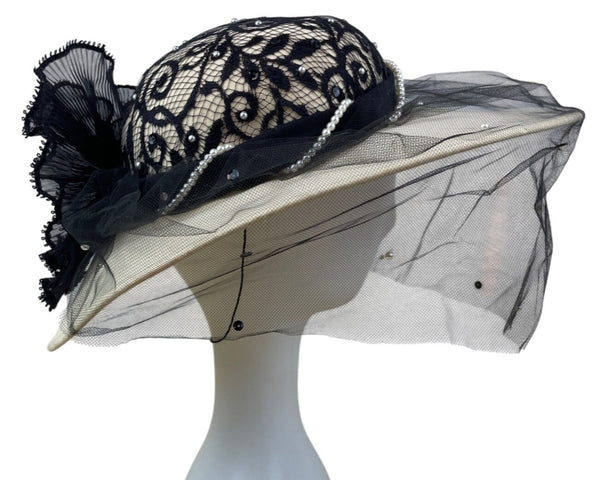 Whittall & Shon Vintage Black Lace & Pearls Wide Brim Hat Netting Floral Accent