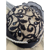 Whittall & Shon Vintage Black Lace & Pearls Wide Brim Hat Netting Floral Accent