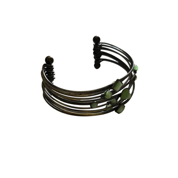 Handcrafted Adjustable Bronze Wire Cuff Bracelet With Green Beads