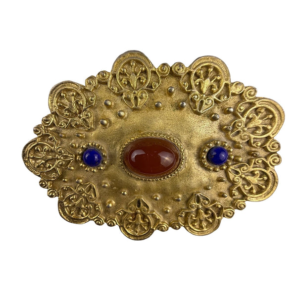 Vintage Ornate Gold Tone Brooch With Faux Carnelian & Lapis Stones