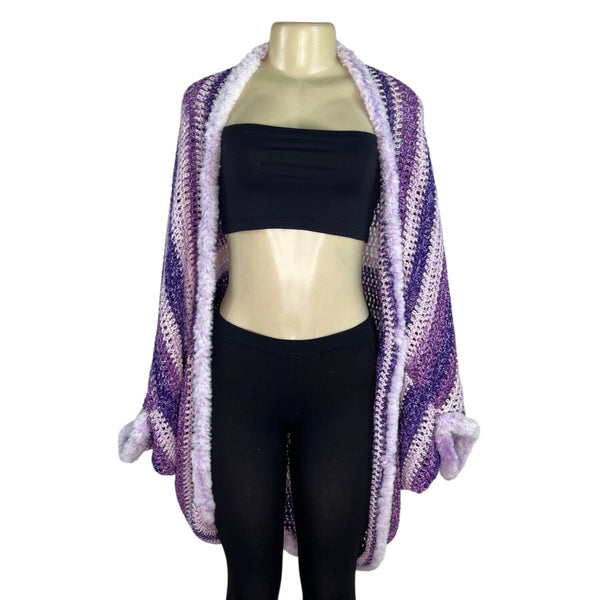Handmade Purple & White Striped Crochet Cardigan One Size