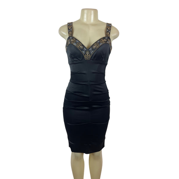 Cache Womens Embroidered Satin Bodycon Dress With Beaded Straps Size 2