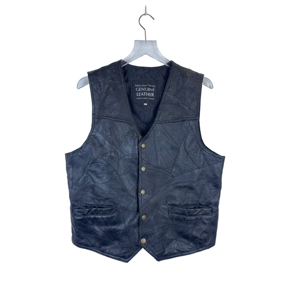 Italian Stone Design Mens Black Genuine Leather Vest Snap Pockets Lined Patchwork Style Large