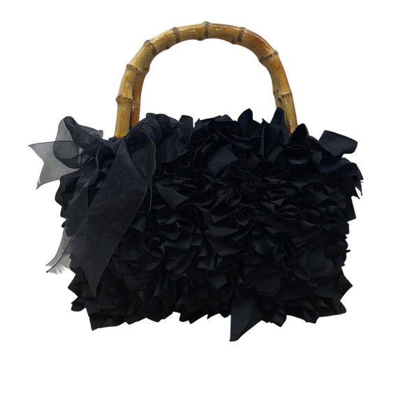 Braciano Black Ruffled Lining Bamboo Handles & Sheer Ribbon Accent Handbag Sz S