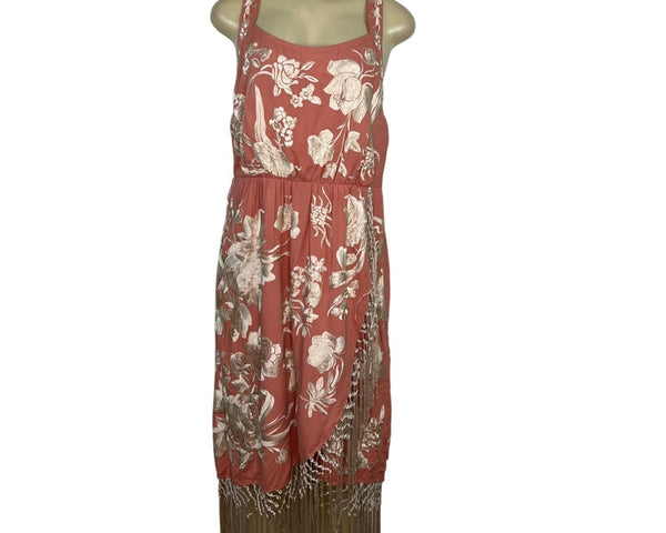 Anthropologie Floral Coral Midi Dress With Fringe Hem Racerback Size 14