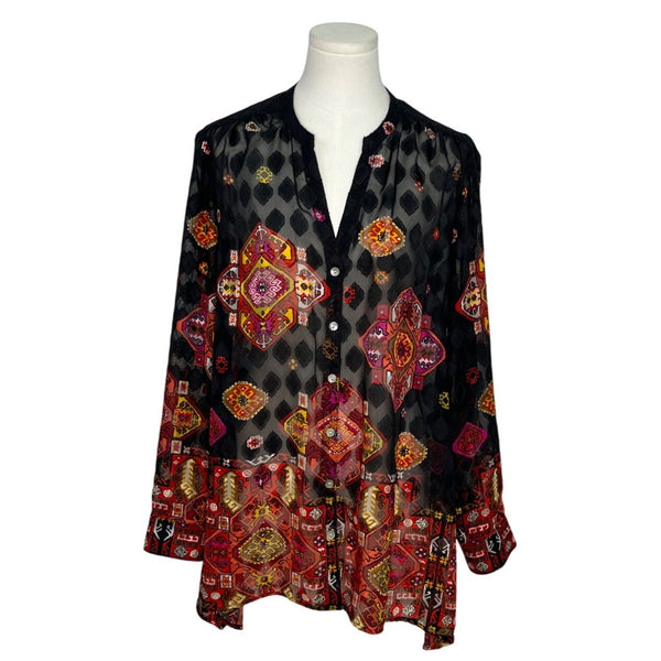 Ruby Rd. Womens Sheer Top Black Red Geometric Print Size 14