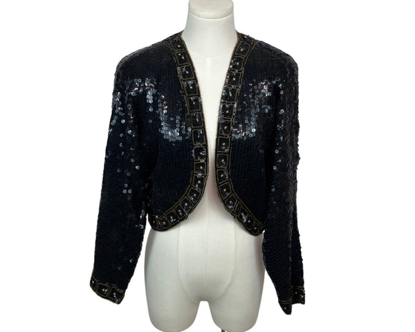 Vintage 80s Black Sequin Bolero Jacket With Gold Trim & Long Sleeves Sz XS/S