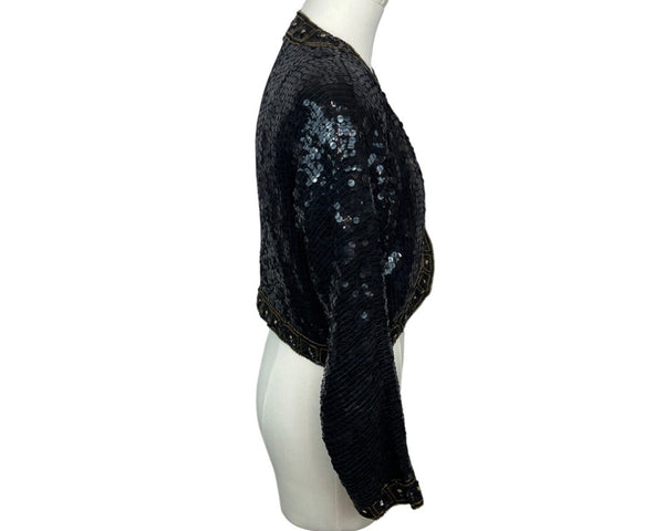 Vintage 80s Black Sequin Bolero Jacket With Gold Trim & Long Sleeves Sz XS/S
