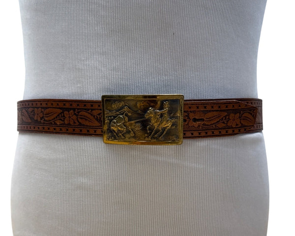Vintage Pilgrim Tooled Leather Belt With Western Brass Buckle Size 42