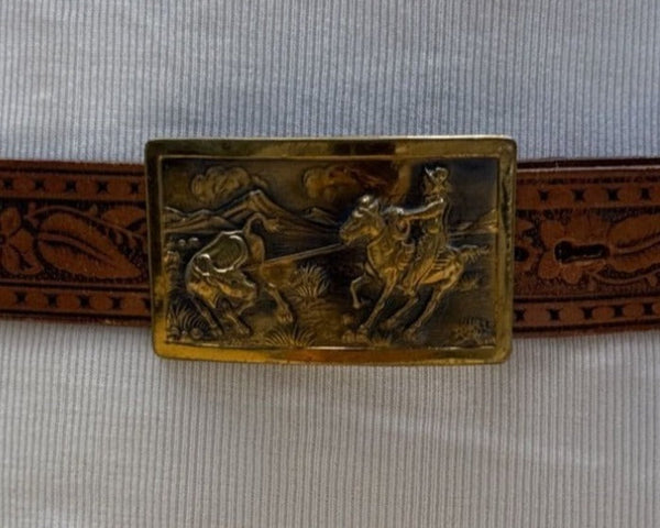 Vintage Pilgrim Tooled Leather Belt With Western Brass Buckle Size 42