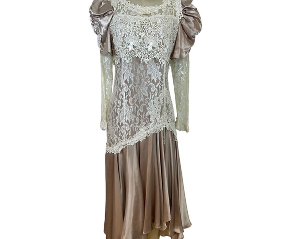 Vintage Cachet Women’s Beige & Ivory Lace Satin Puff Sleeve Midi Dress