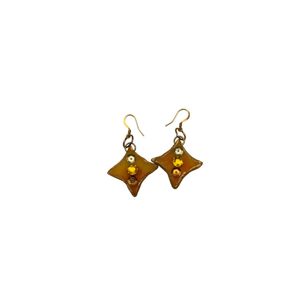 Handmade Star-Shaped Dangle Earrings With Golden Yellow Gemstone Accents & Gold Hooks